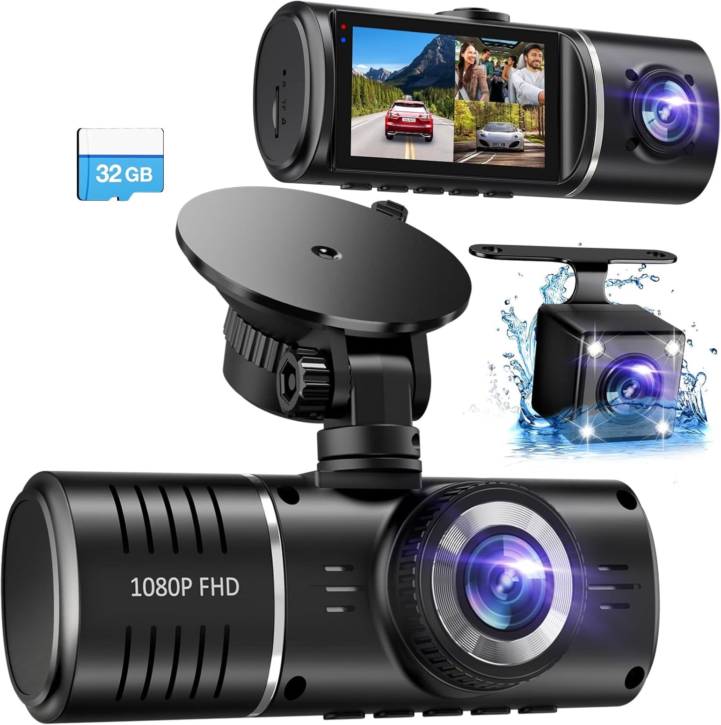 SUVCON Triple Dash Cam - 1080P Front/Rear/Interior, 32GB Card, HDR, G-Sensor