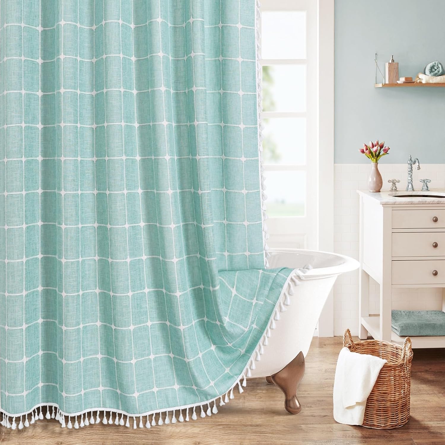 MitoVilla Teal Blue Farmhouse Shower Curtain for Chic Decor