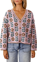 Womens Floral V Neck Cardigan Button Down Knit Sweater - Stylish