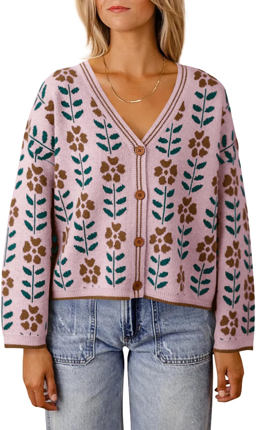 Stylish Floral Print V Neck Cardigan for Women by Saodimallsu