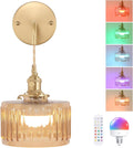 Gold Battery Wall Sconce with Amber Striped Glass Shade - Rechargeable