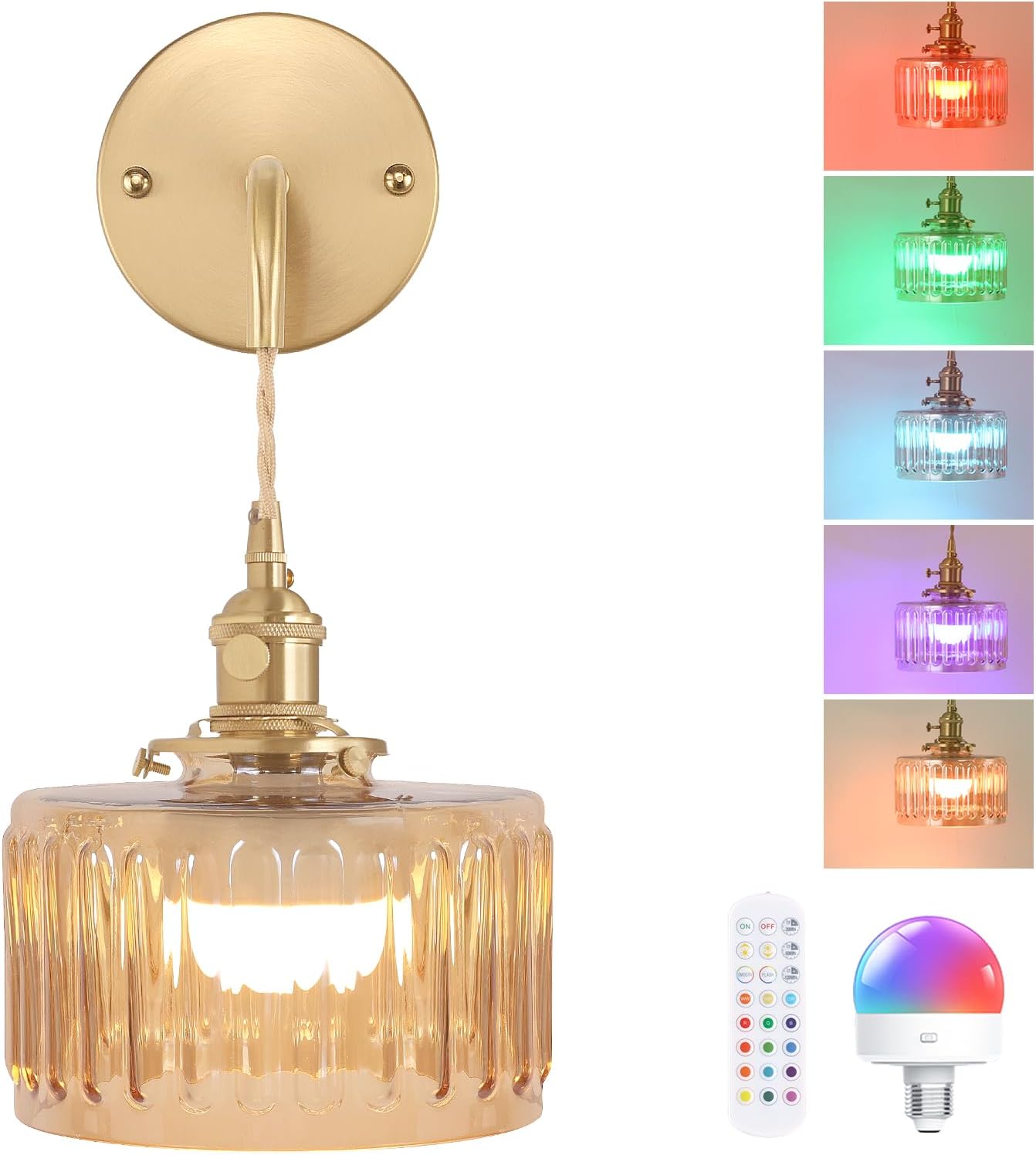 Battery Operated Wall Sconce with Amber Striped Shade Design