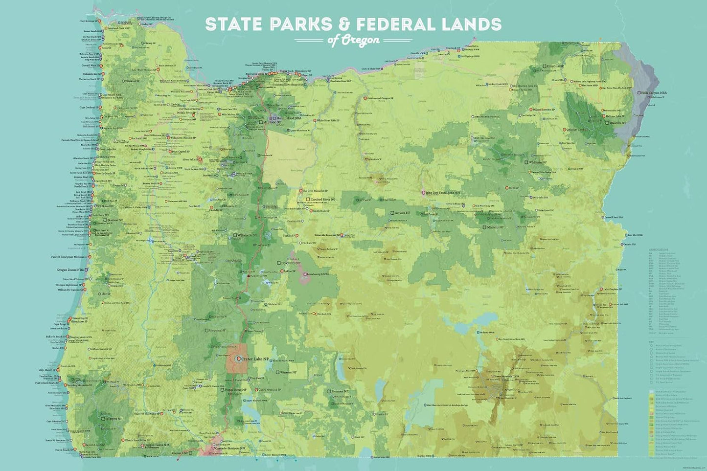 Oregon State Parks & Federal Lands Map Poster for Outdoor Lovers