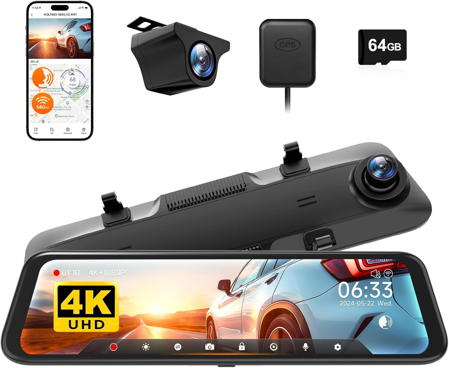 WOLFBOX G850: 4K WiFi Voice Control Smart Mirror Dash Cam