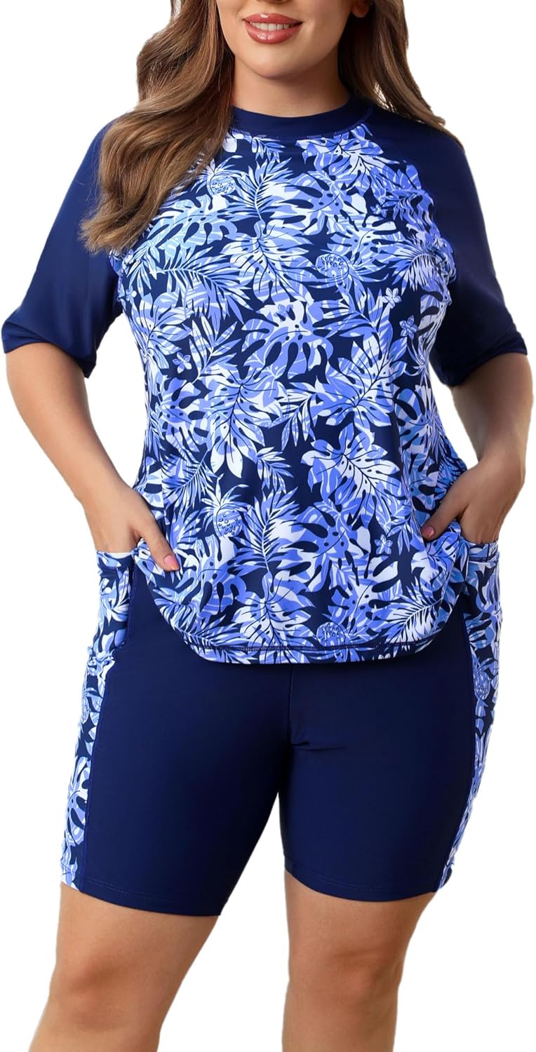 Halcurt Women's Plus Built in Bra Rash Guard Swim Set Review