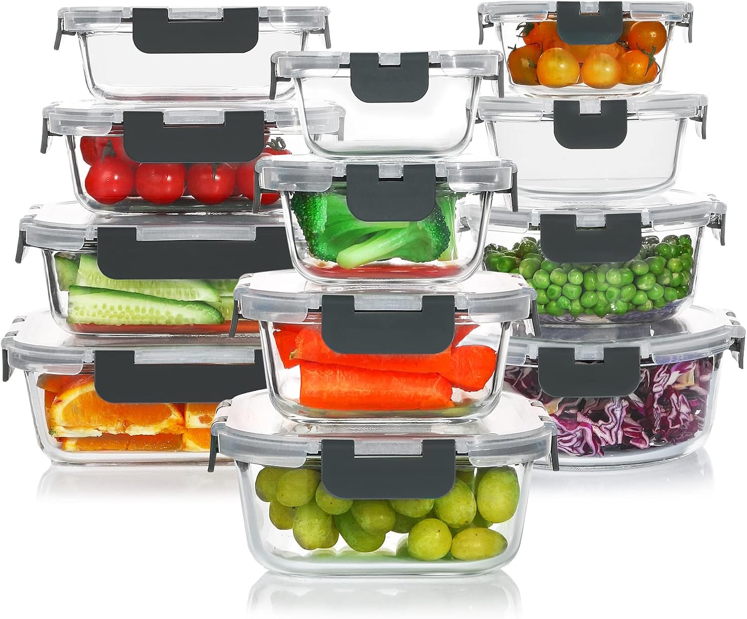 KOMUEE 24 Pieces Glass Food Storage Containers Set for Meal Prep