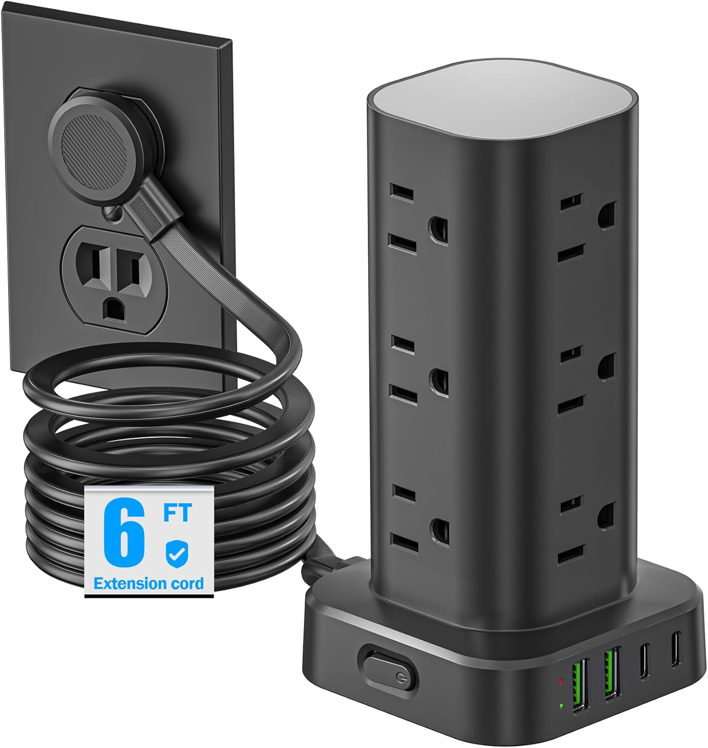 6FT Power Strip Tower Surge Protector - 12 AC Outlets, 4 USB Ports - Space-Saving Charging Station - Black