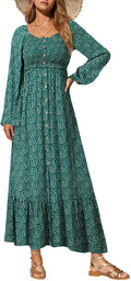 Boho Floral Smocked Maxi Dress - Flattering Long Sleeve Sundress