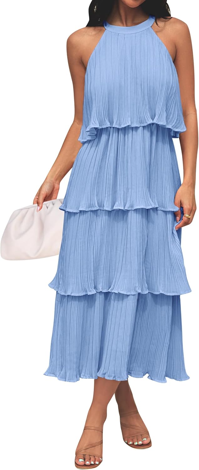 ZESICA Women's Sleeveless Halter Neck Ruffle Midi Dress Review