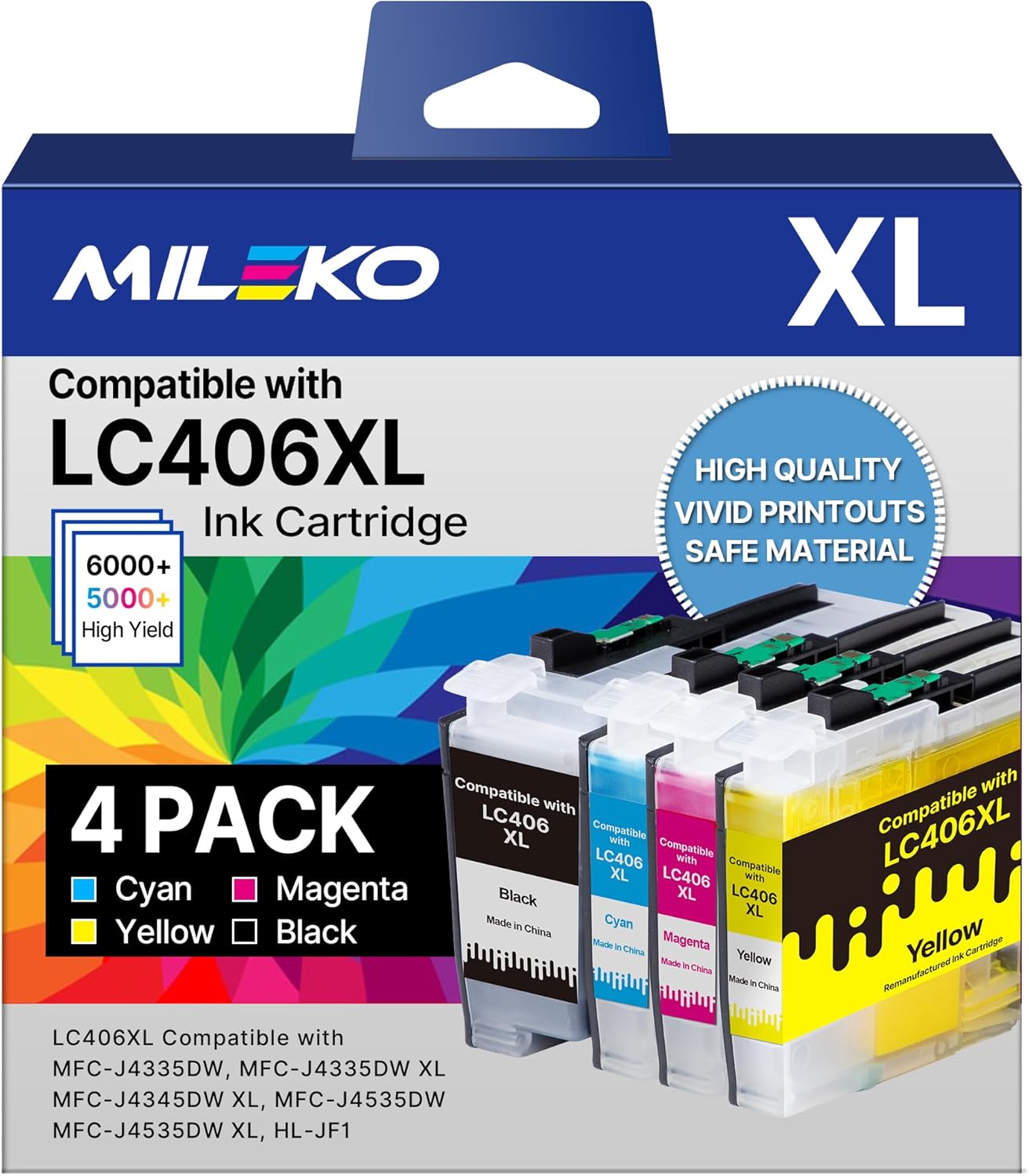 High Yield LC406 Ink Cartridges for Brother Printers, 4 Pack