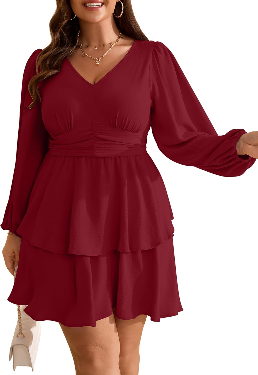 Plus Size V Neck Long Sleeve Mini Dress for Curvy Women