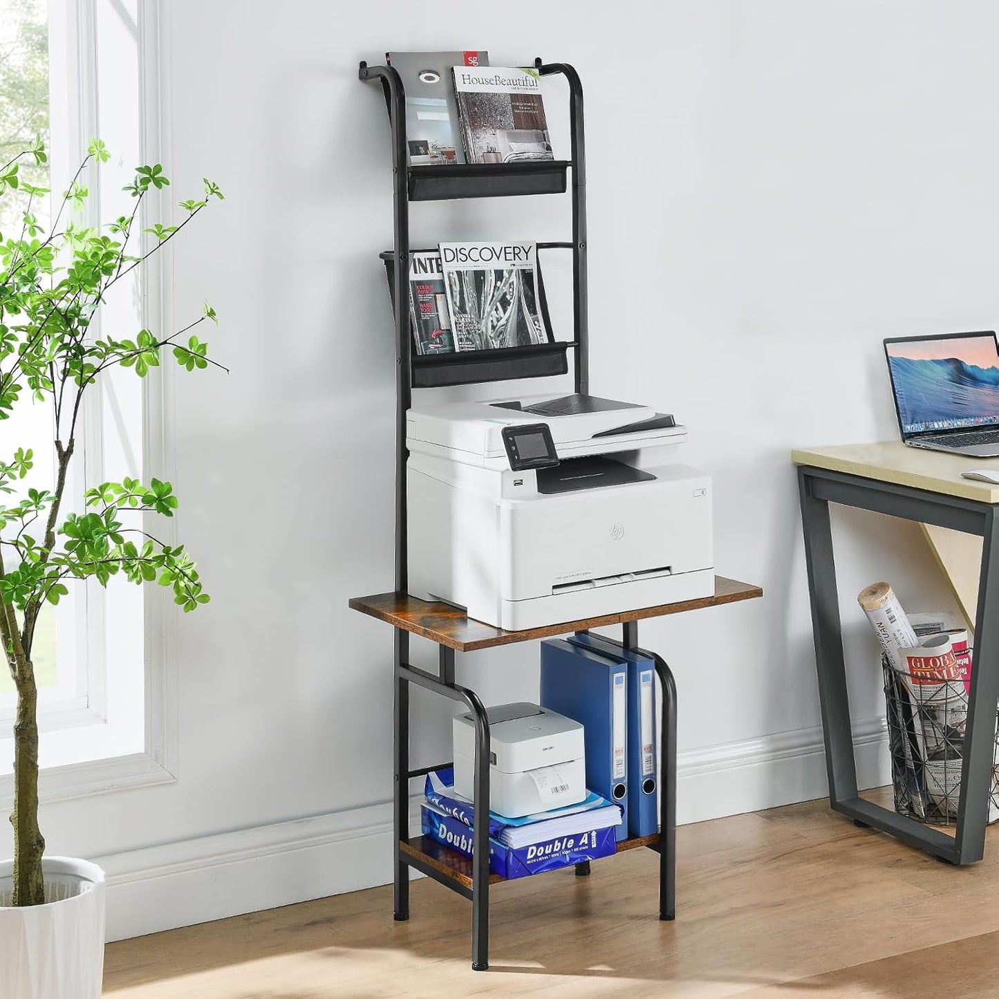 Spacious Printer Stand with Storage - Heavy Duty, Rustic Brown