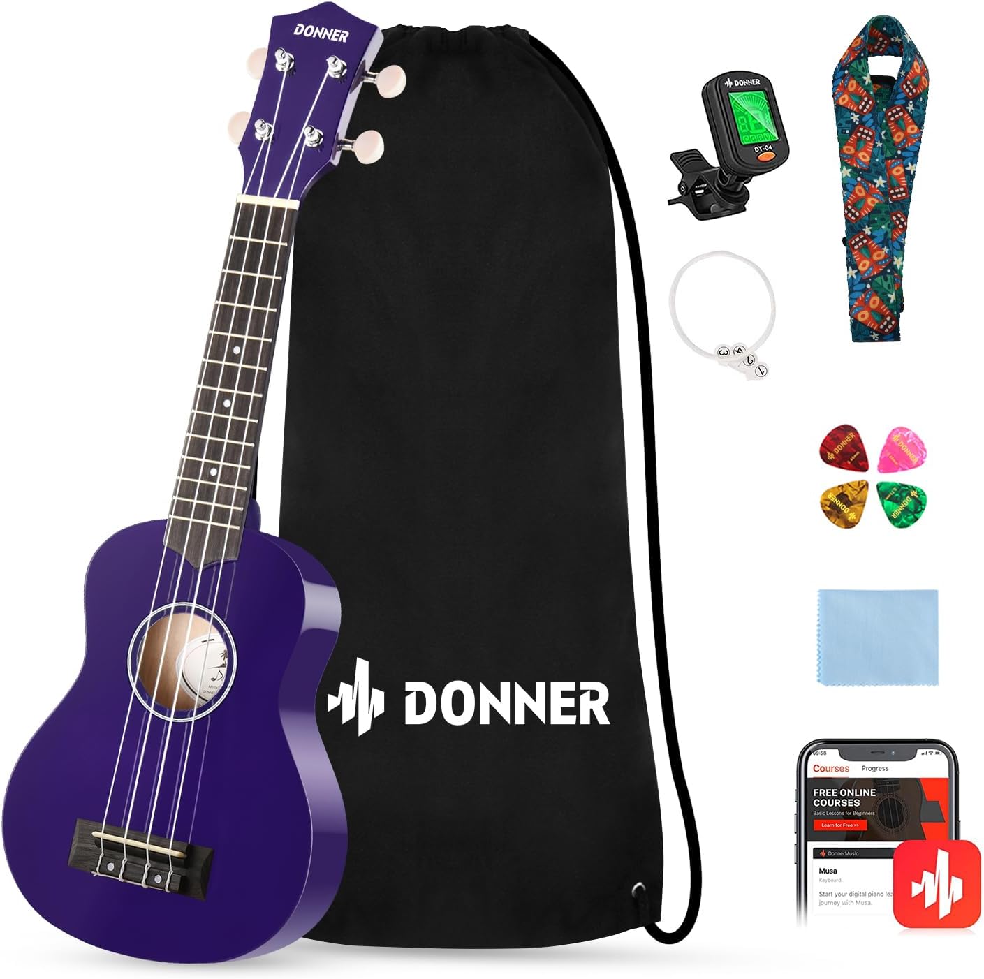 Donner Soprano Ukulele Starter Bundle Kit for Beginners 21 in