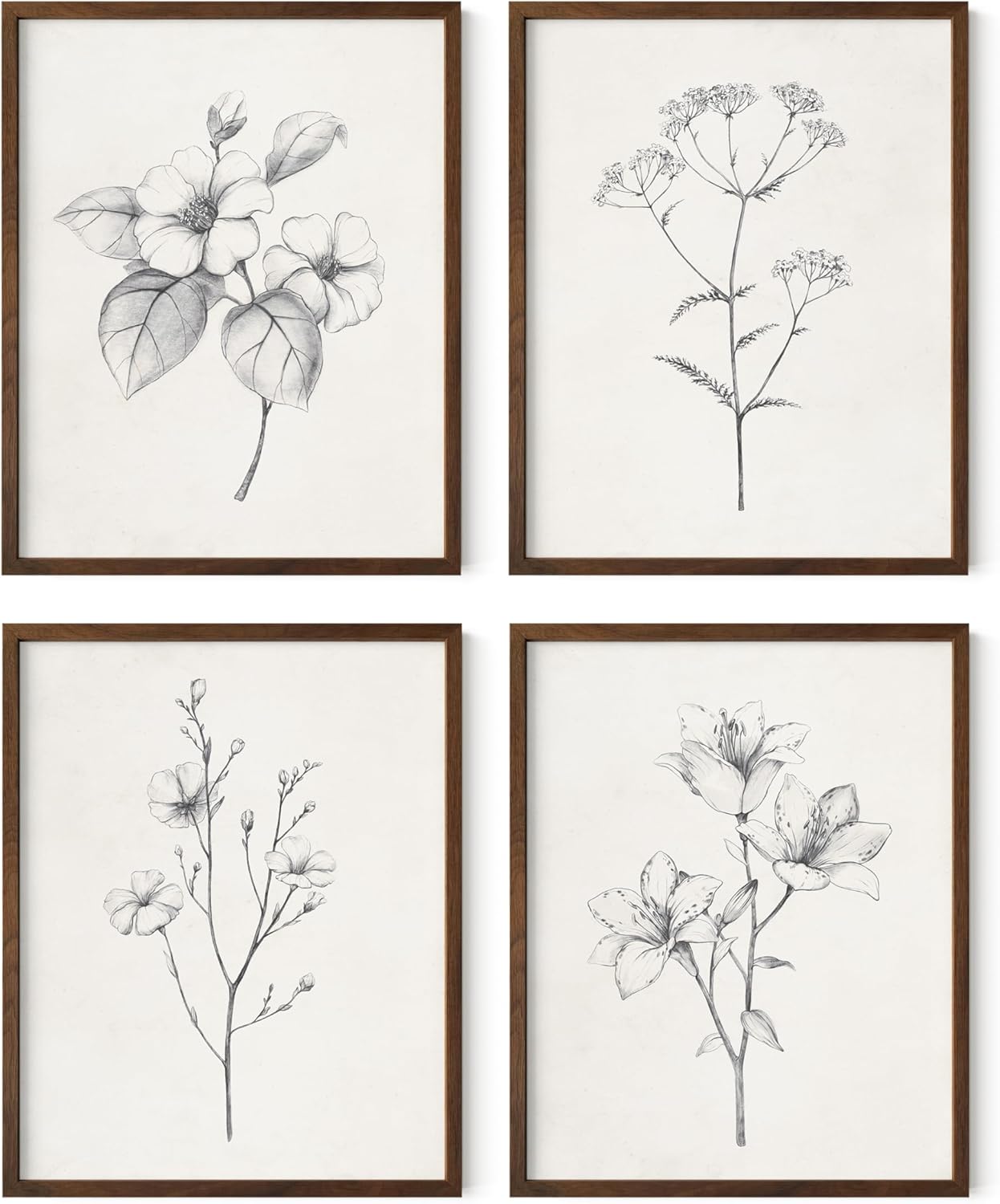 Grey Floral Wall Art Set of 4 Plant Posters for Room Aesthetic