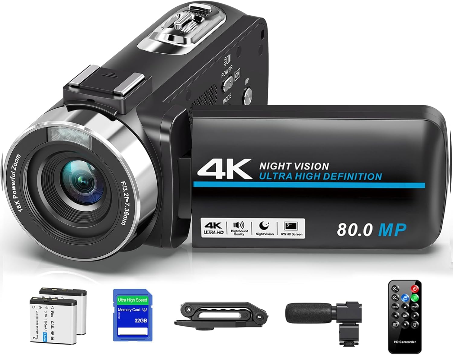 4K Camcorder Video Camera with 18X Zoom and Night Vision