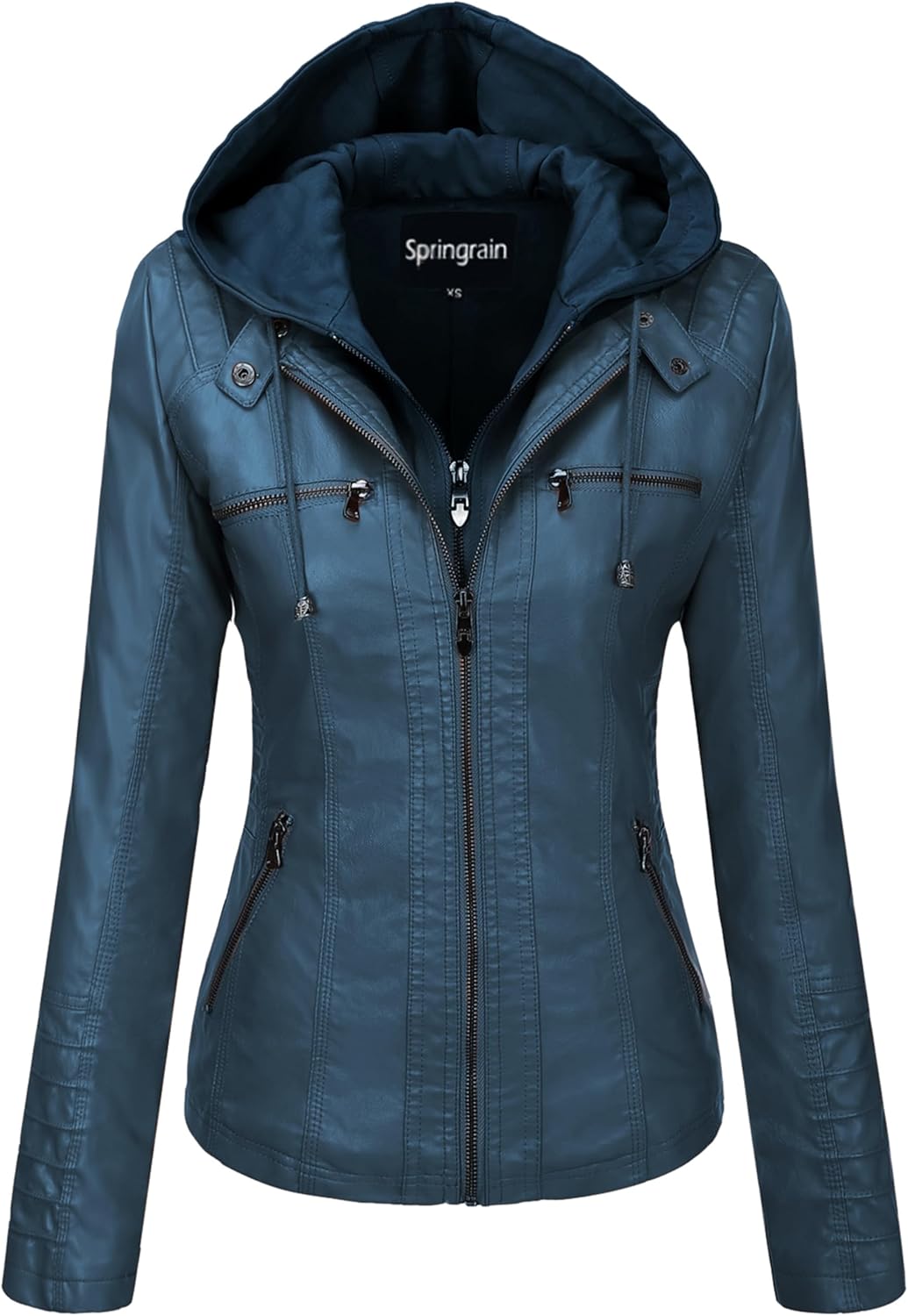 Springrain Women's Faux Leather Jacket with Detachable Hood