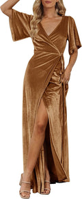 MEROKEETY Velvet Wrap V Neck Maxi Dress - Elegant Evening Wear