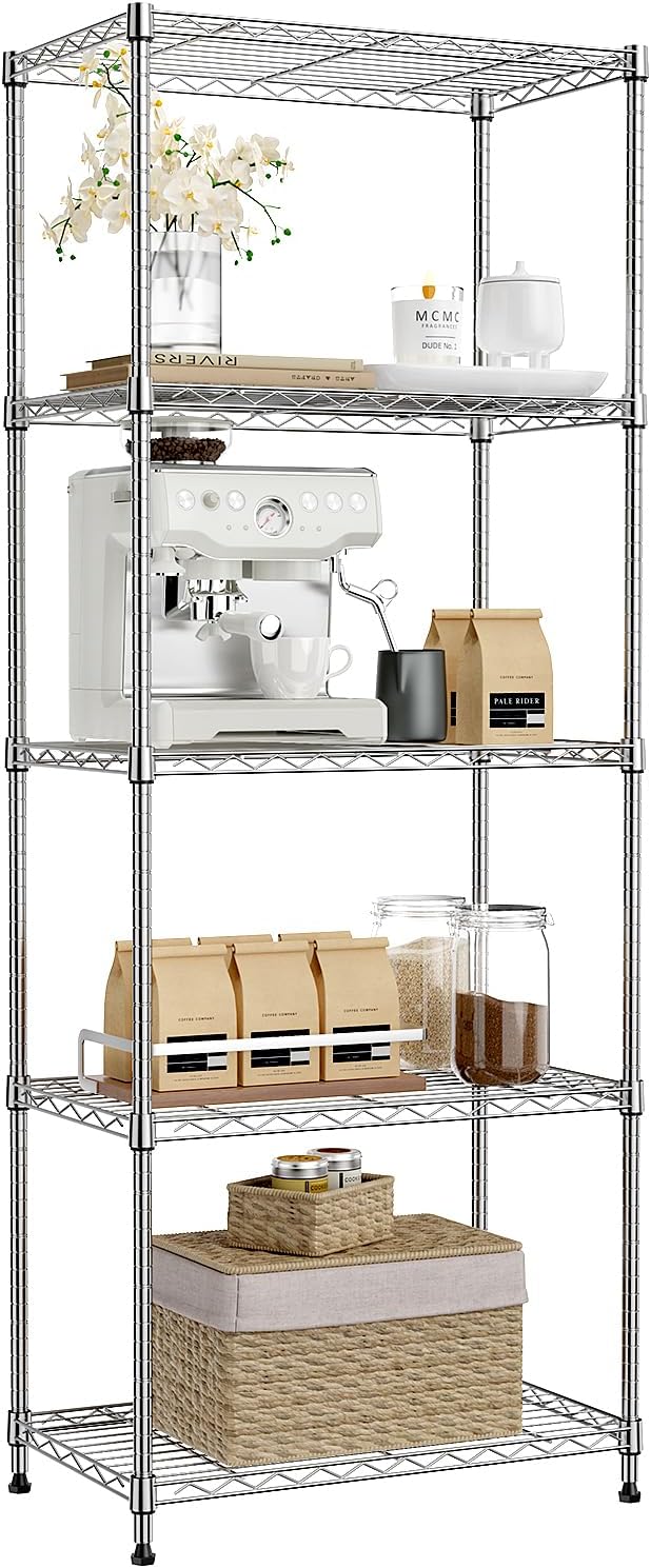 5-Tier Chrome Metal Storage Shelves for Kitchen and Office Use