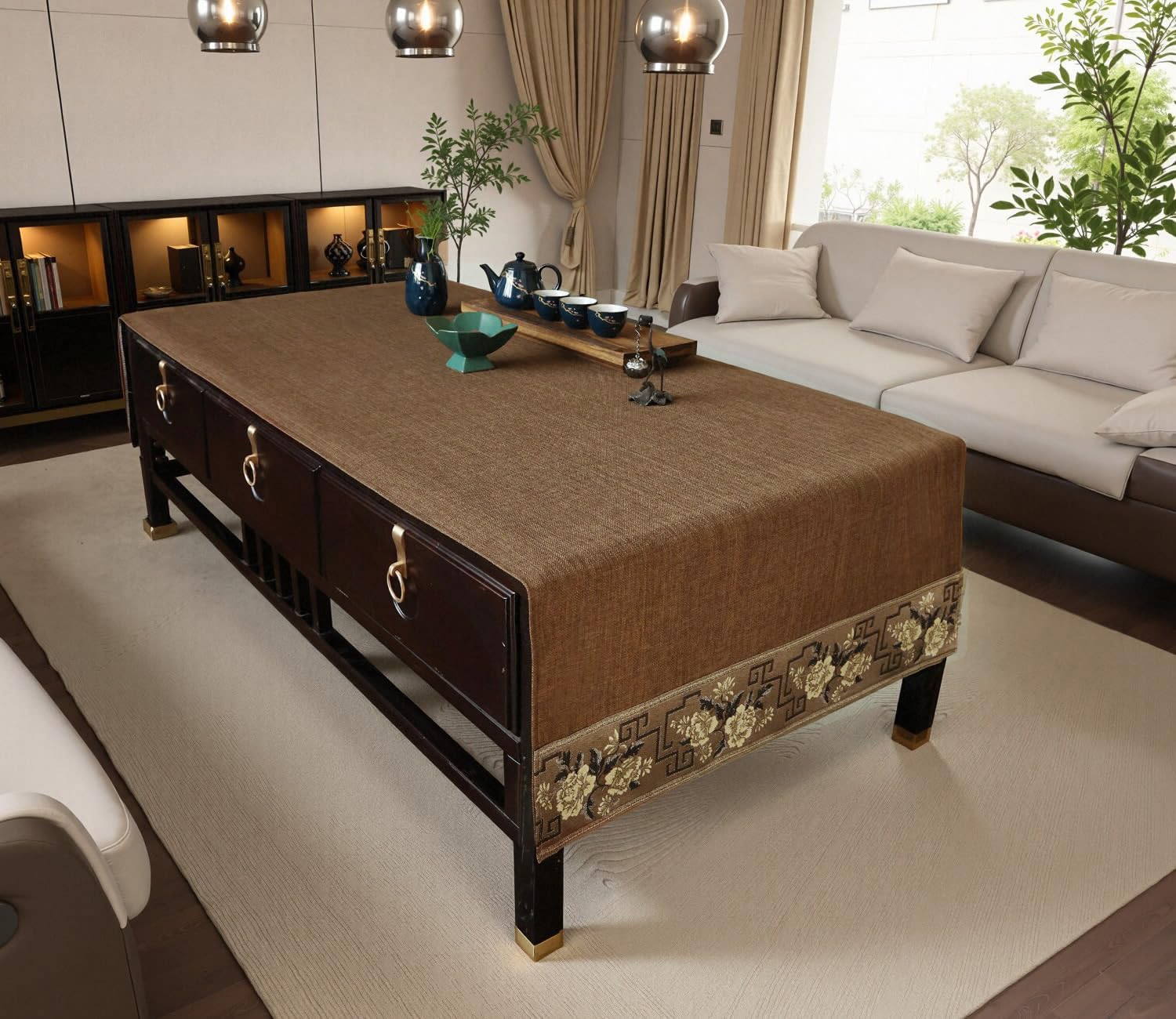 Traditional Feature Coffee Table Cover with Embroidered Flowers
