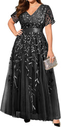 Plus Size V-Neck Sequin Embroidery Long Prom Dress - Elegant Fit