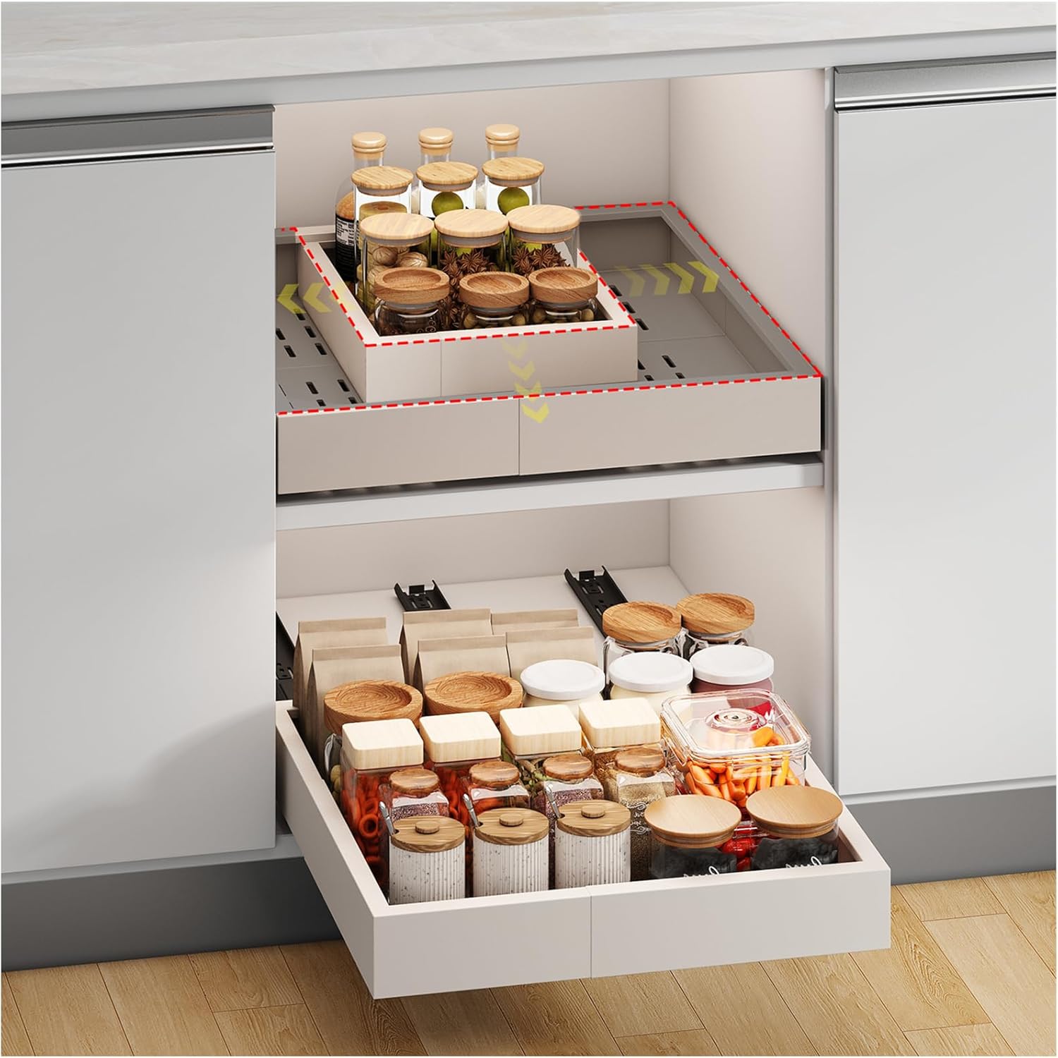 Pull Out Cabinet Organizer with Adjustable Slide Out Drawers