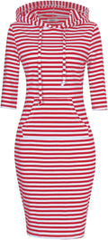 Womens Casual Pullover Hoodie Dress - Cotton Blend Stripe Pocket