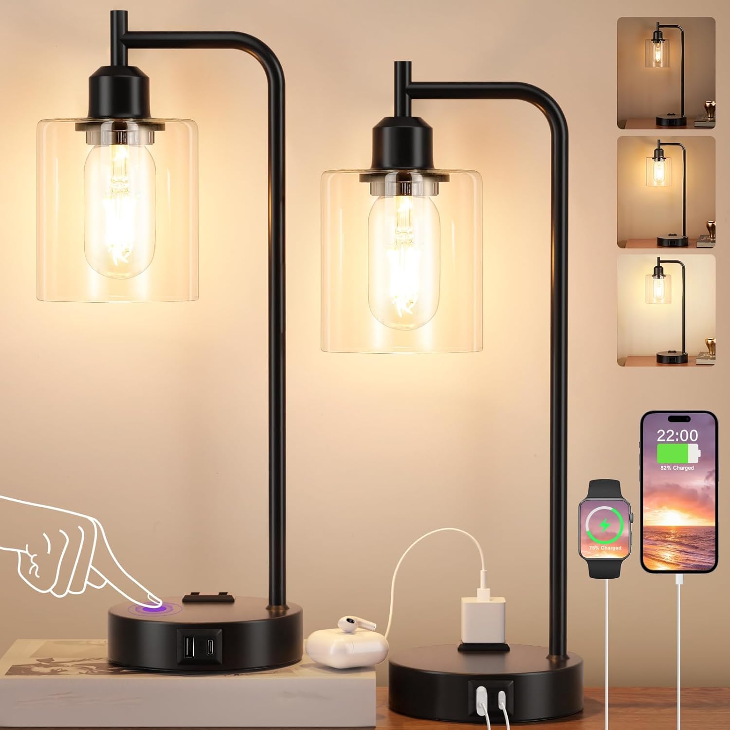 Innqoo 2-Pack 3-Way Dimmable Black Touch Lamps with USB Ports