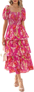 Womens Square Neck Smocked Dress - Flowy Floral Maxi Casual