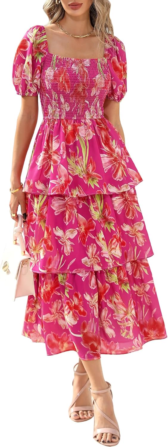 BTFBM Womens Square Neck Smocked Dress for Summer Events