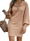 Women V Neck Knit Sweater Dress - Casual Ribbed Pullover Mini