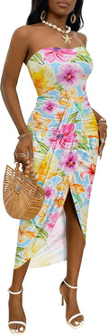 Strapless Ruched High Waist Asymmetrical Beach Maxi Dress (Style 3ZLZ)