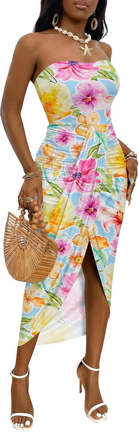 Umenlele Women's Strapless Ruched High Waist Maxi Dress Review