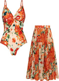 One Piece Swimsuit with Cover Up Skirt - Tummy Control V Neck