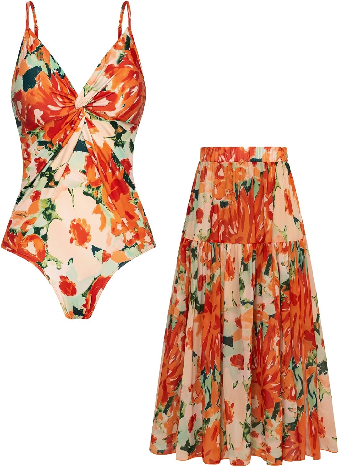 V Neck One Piece Swimsuit with Cover Up Skirt for Women 2023