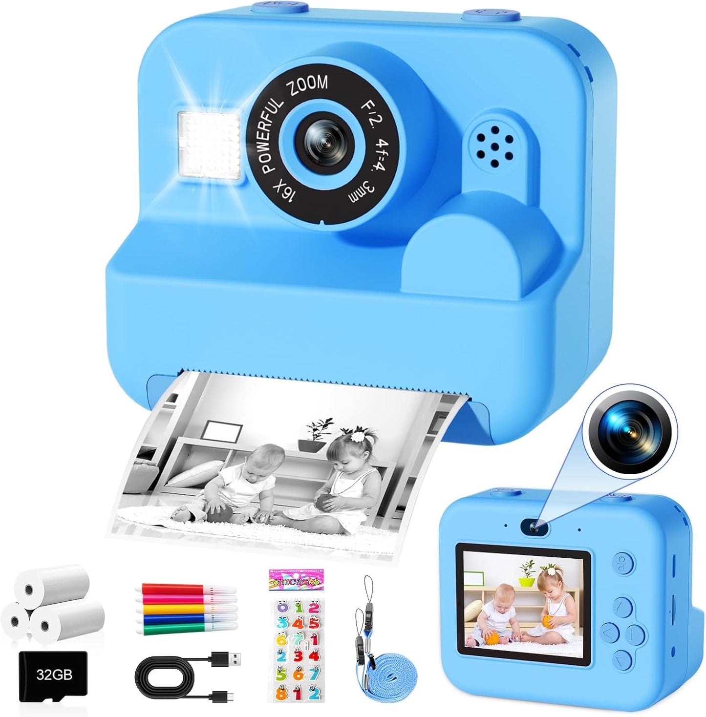 Instant Print 1080P Kids Camera - HD Video, Portable Toy for Ages 4-10, Christmas Gifts