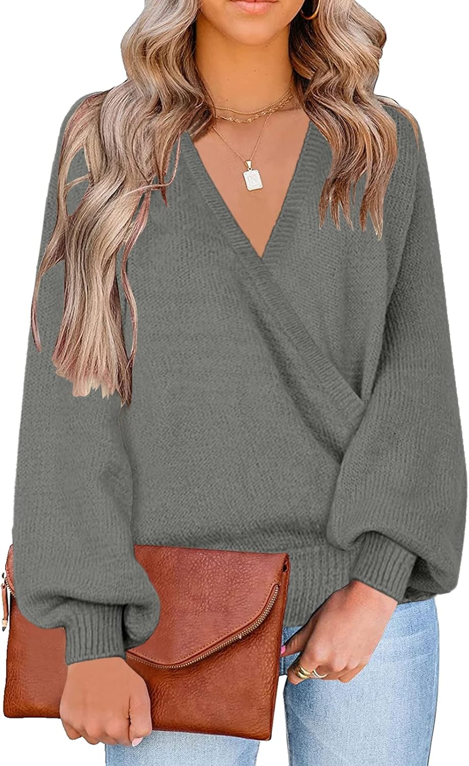 LookbookStore Women's Knit Long Sleeve Faux Wrap Sweater Top
