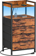 Night Stand with Charging Station and LED Light - 4 Drawer Rustic
