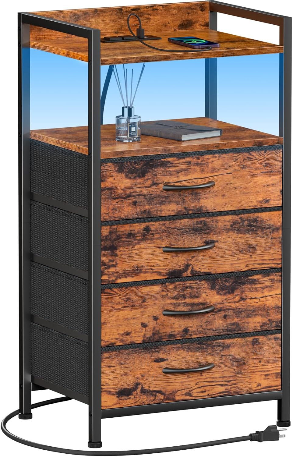 Furnulem Night Stand with Charging Station and LED Light Features