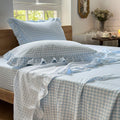 Light Blue Gingham Ruffle King Sheet Set - Soft Pre-Washed Microfiber