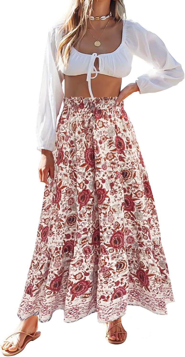 ZESICA Women's Bohemian Floral Printed Maxi Skirt with Pockets