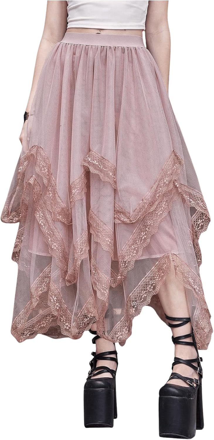 Gothic Lace Trim Layered Mesh Tulle Skirt for Women