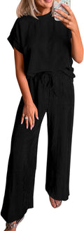Summer Two Piece Sets Women Ribbed Knit Lounge Set - Wide Leg
