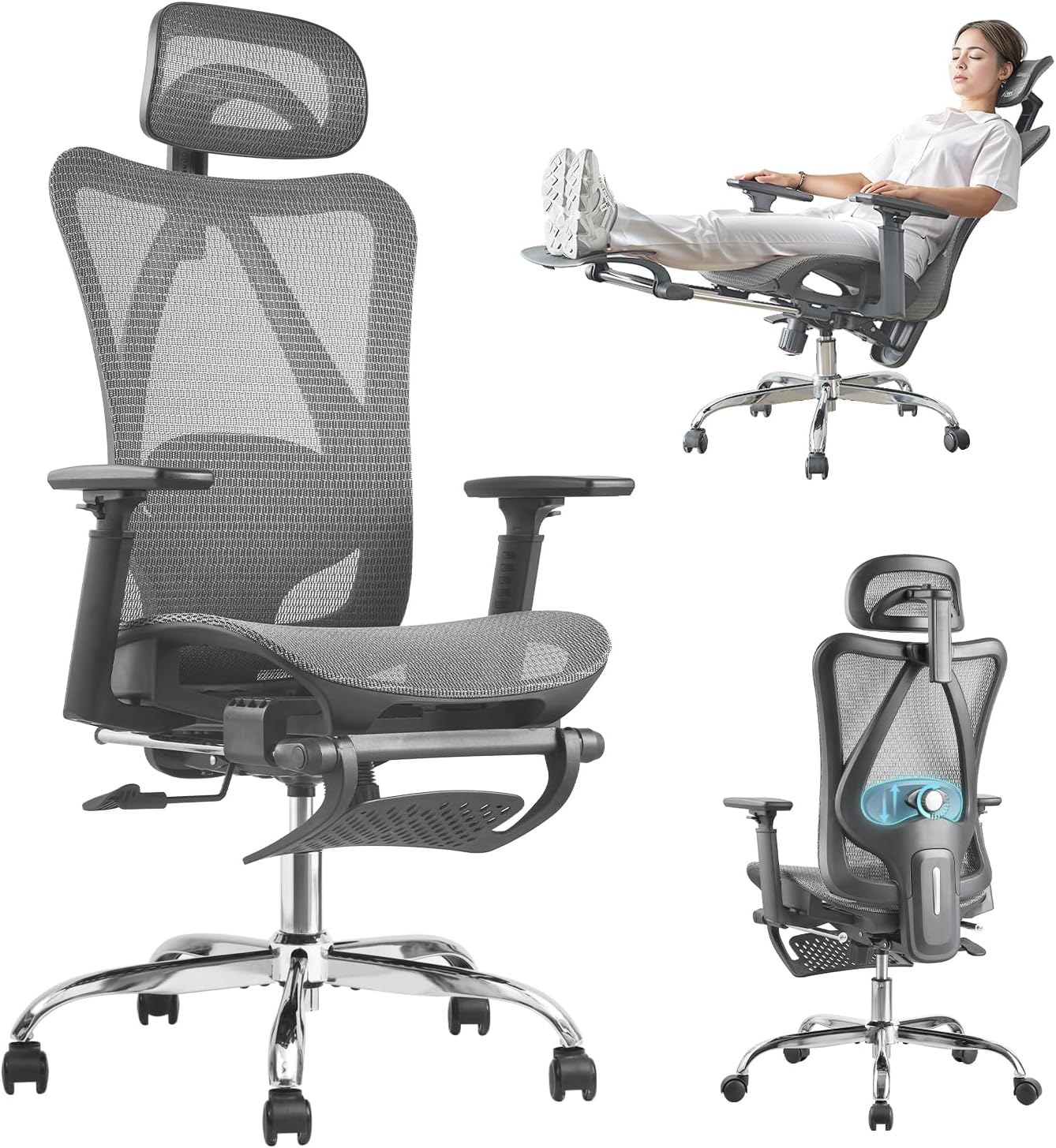 DFLIVE Ergonomic Chair: 400 LBS Capacity, Adjustable Lumbar, Retractable Footrest