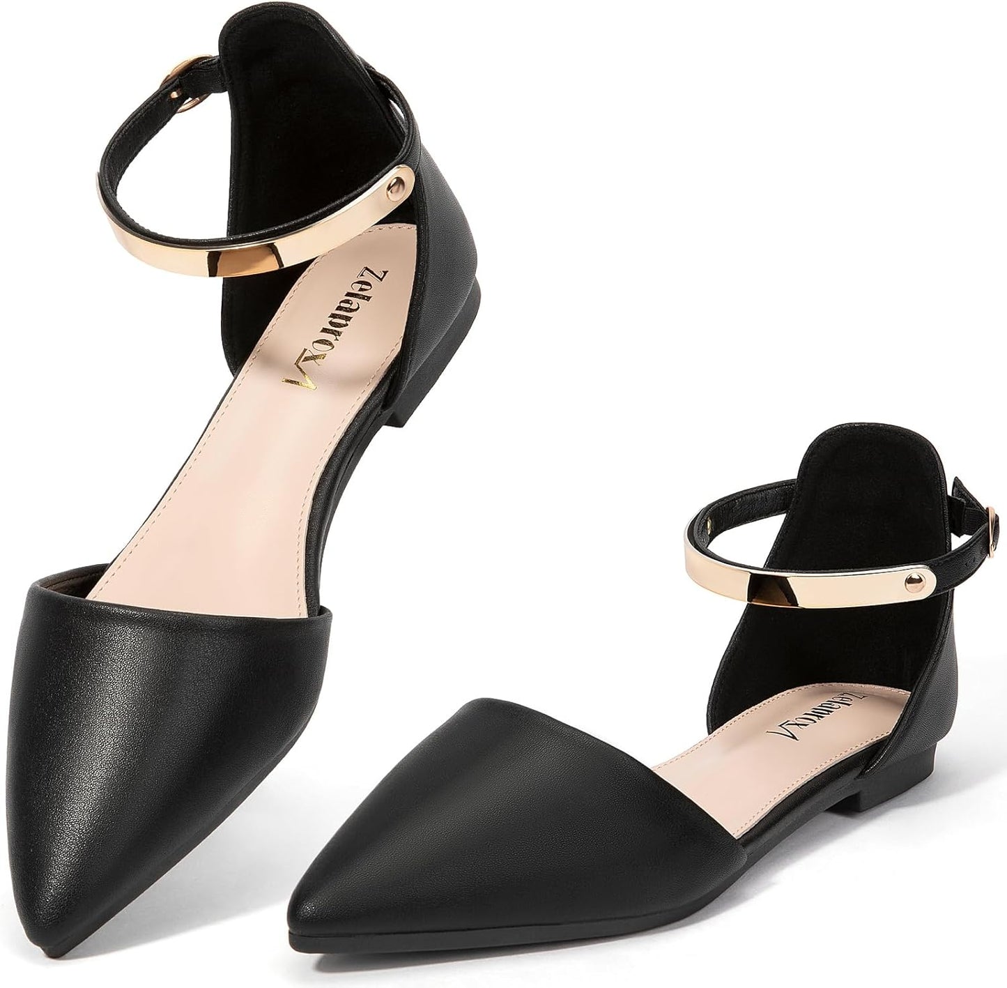 Zelaprox Women's Black Pointed Toe Flats with Rhinestone Bow