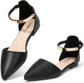 Pointed Toe Black Ballet Flats with Rhinestone Bow and Ankle Strap