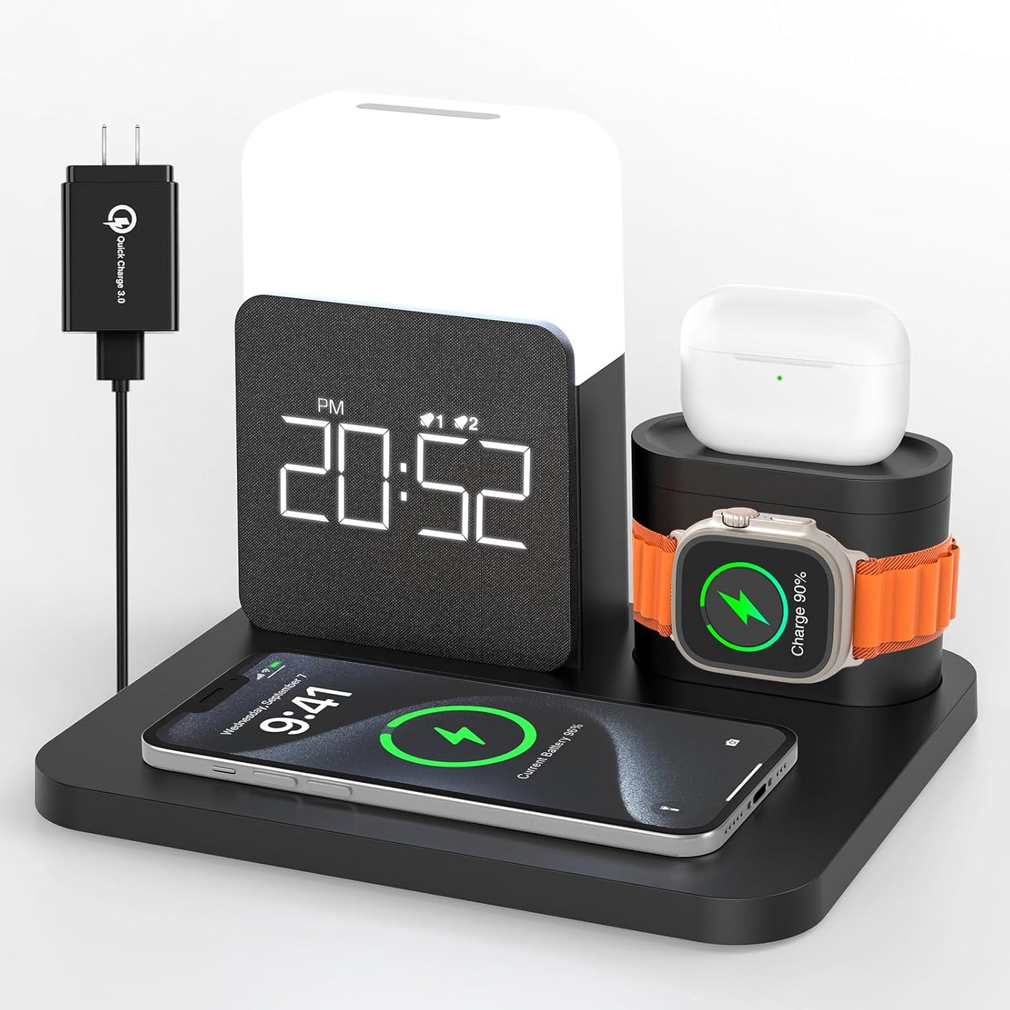 3 in 1 Charging Station for iPhone with Night Light & Alarm Clock