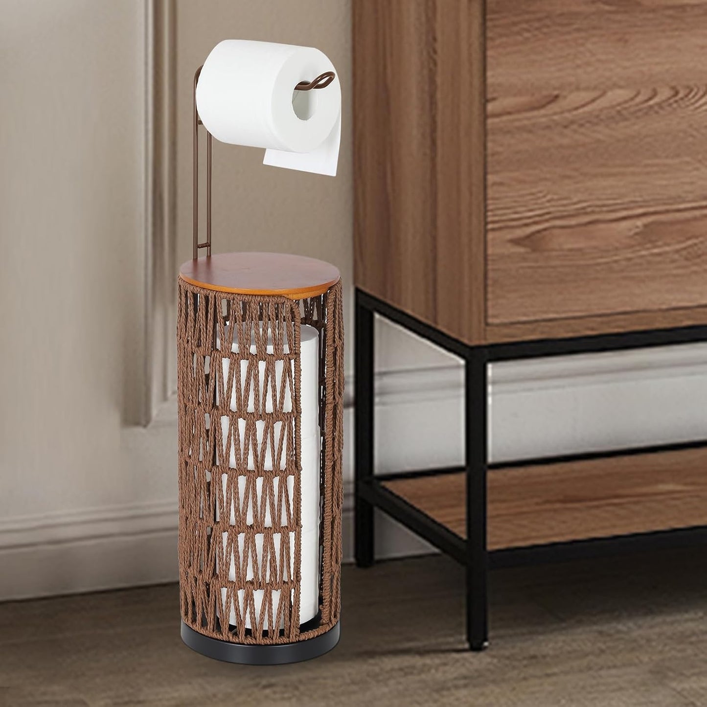 Freestanding Toilet Paper Holder with Storage for Boho Decor