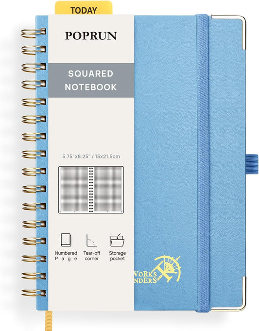 POPRUN Grid Journal - Thick 120 GSM Paper, 141 Numbered Pages, Grid Notebook, Haze Blue