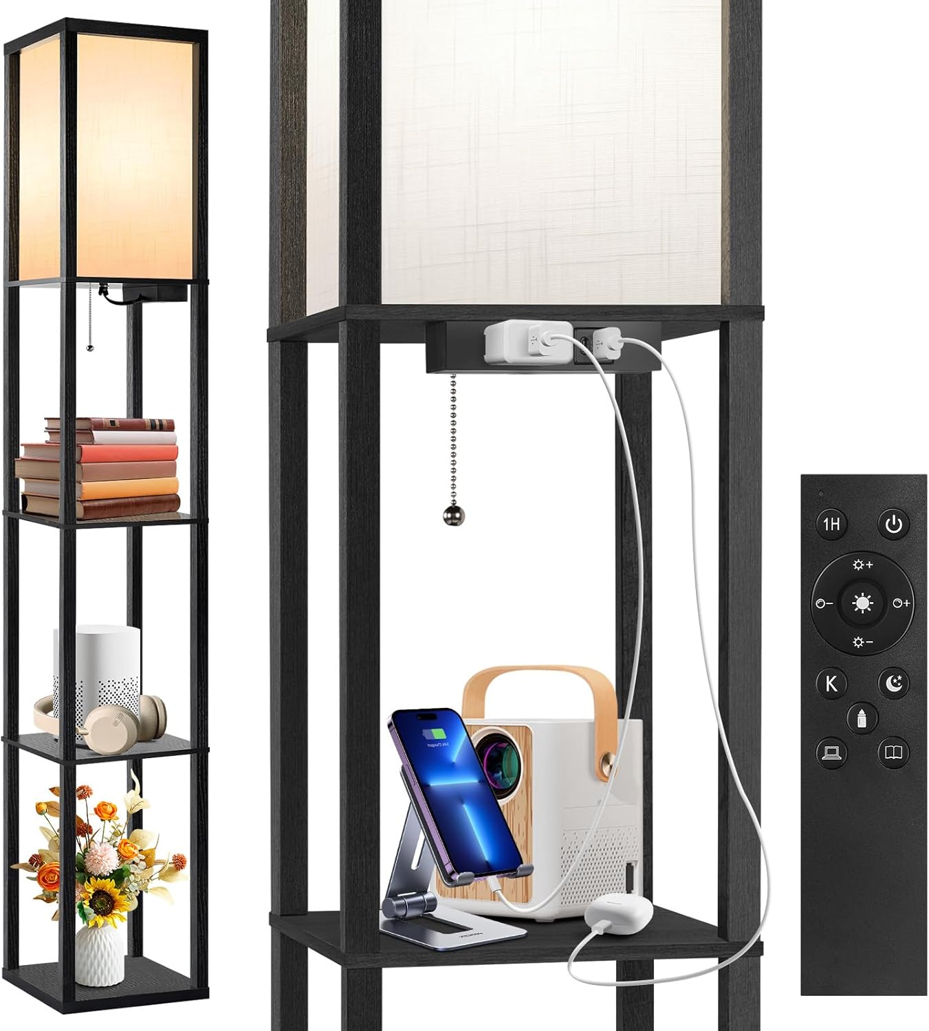 OUTON Floor Lamp with Shelves: Dimmable, Remote & USB Ports