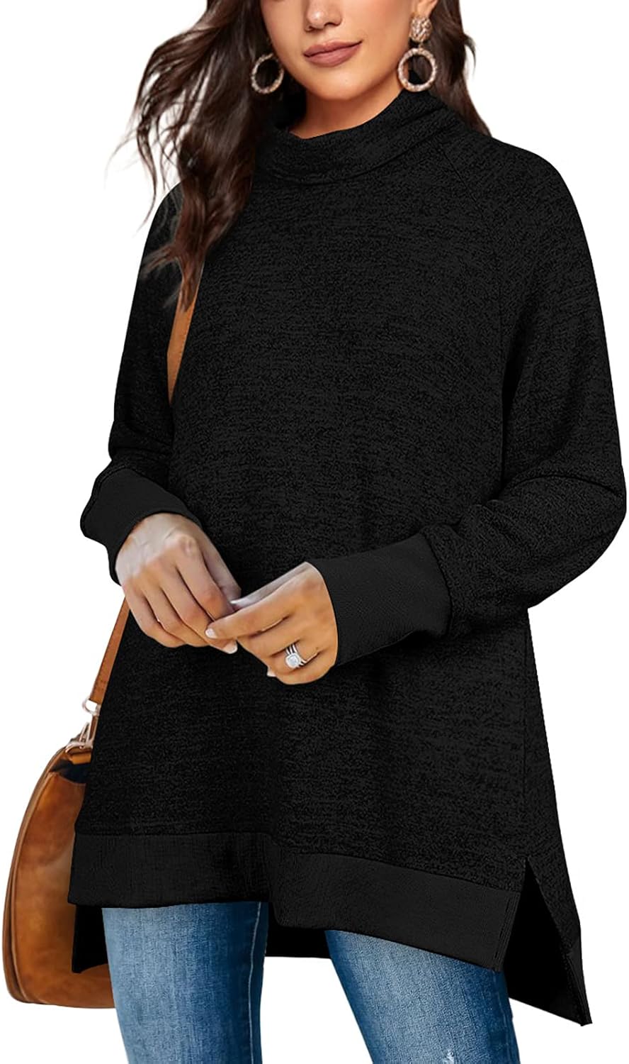 OFEEFAN Women's Turtle Neck Sweatshirts with High Low Hem Design